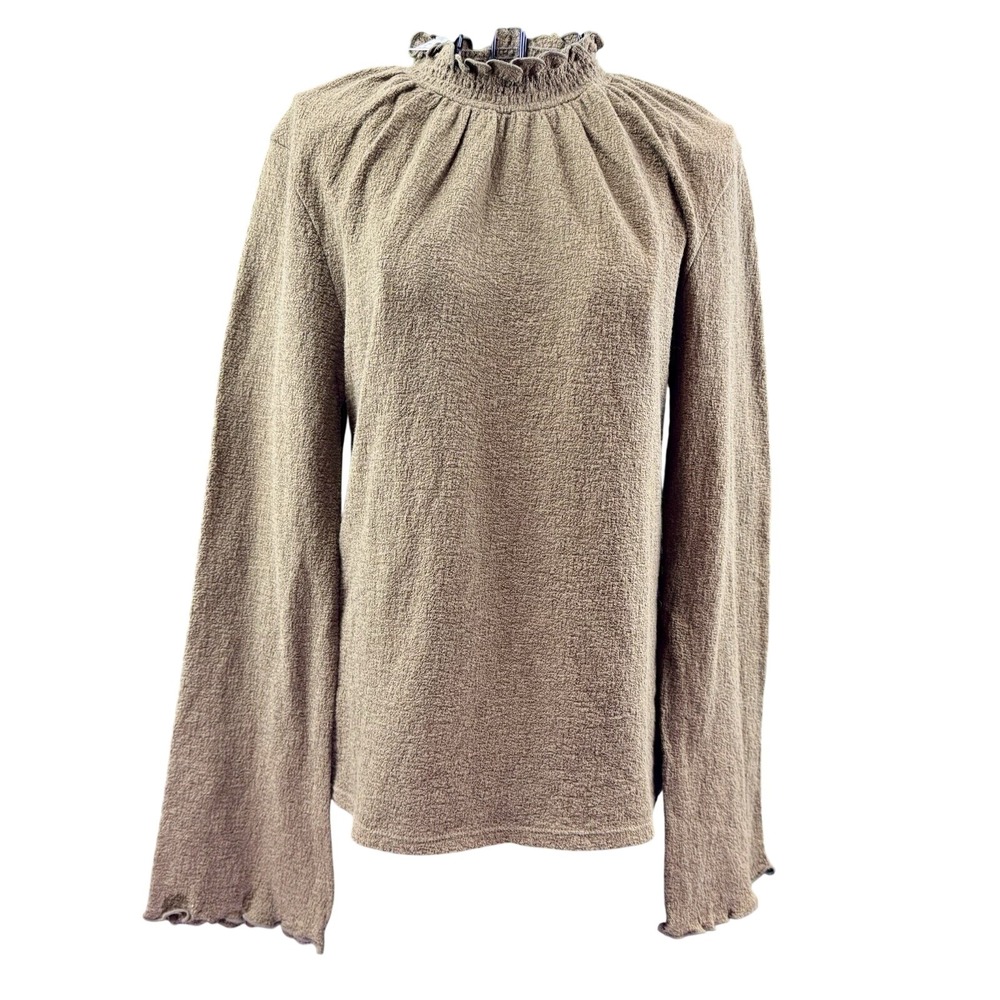 Madewell Texture & Thread Smocked Mock Neck‎ Bell Sleeve Top AF978 Olive Brown M